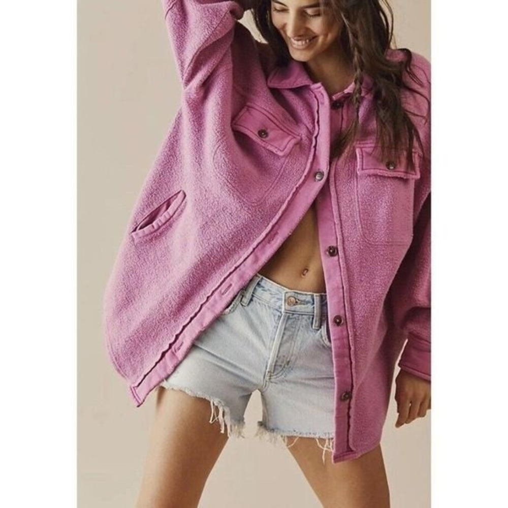 Free People Ruby Jacket Women Medium Pink Fleece Oversized Button Up Shacket